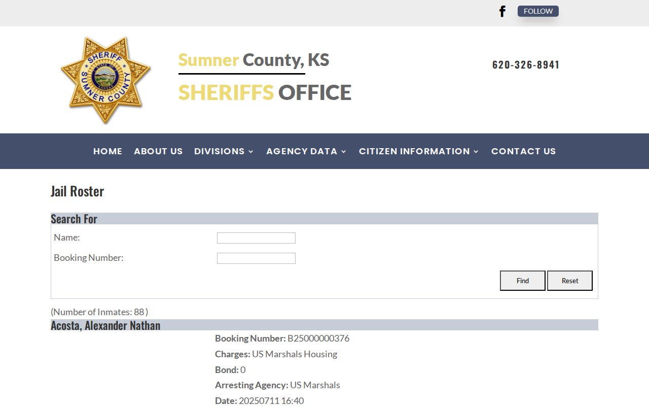 Official Sumner County jail roster search for current booking records