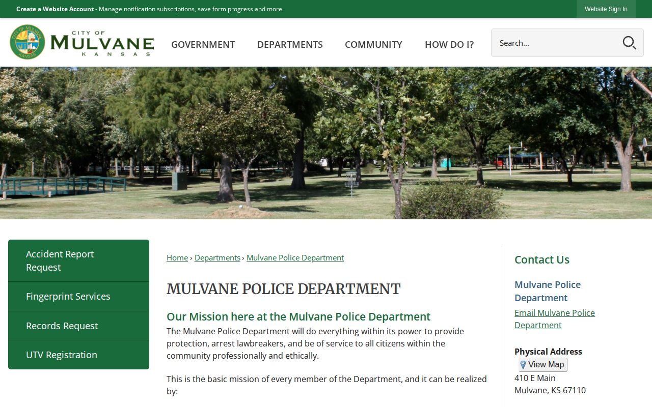 Mulvane Police Department official arrest-record contact page in Sumner County
