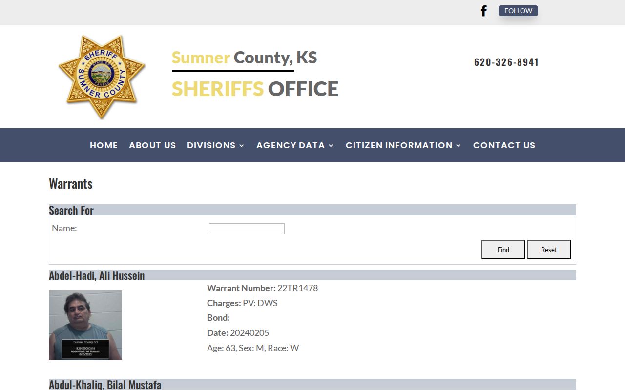 Sumner County official most wanted fugitives and warrant search interface